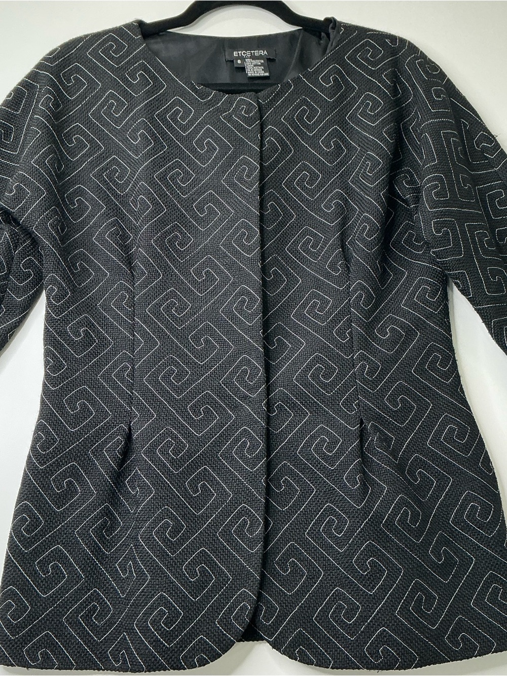 Etcetera Women's Jacket Blazer Black Geometric 3/4 Sleeve Blazer Sz 8 Preowned